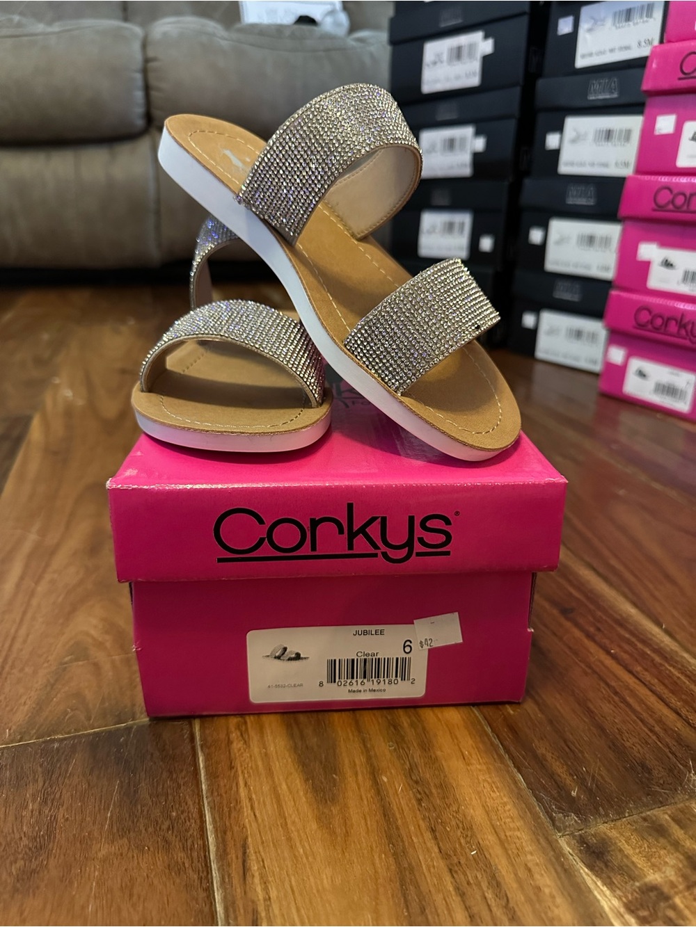Corkys Women's Silver Crystal Double-Band Slide Sandal- New In Box